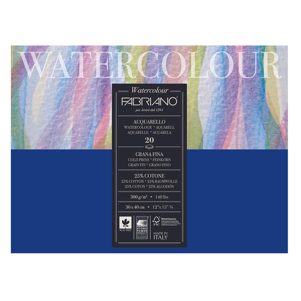 Альбом для акварели Watercolour Studio 300 г/м², A3- 40х30 см, склейка с четырех сторон 20 л, мелкозернистая, Fabriano, 73613040