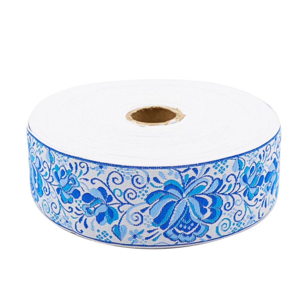 Лента (тесьма) жаккардовая 50.0 мм / 25±1 метров, рис. 9568 Гжель, (4 белый/синий/голубой) С3379Г17