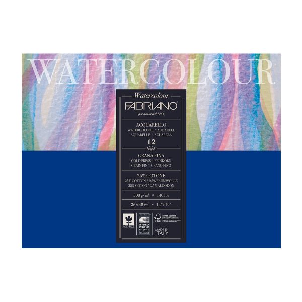 Альбом для акварели Watercolour 300 г/м², 36х48 см, склейка с одной стороны 12 л, мелкозернистая, Fabriano
