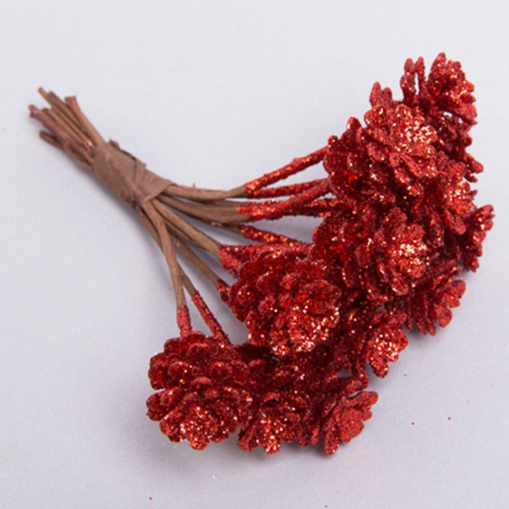 Шишки на проволоке с глиттером 2х2х10см, красный, 12 шт, 95217