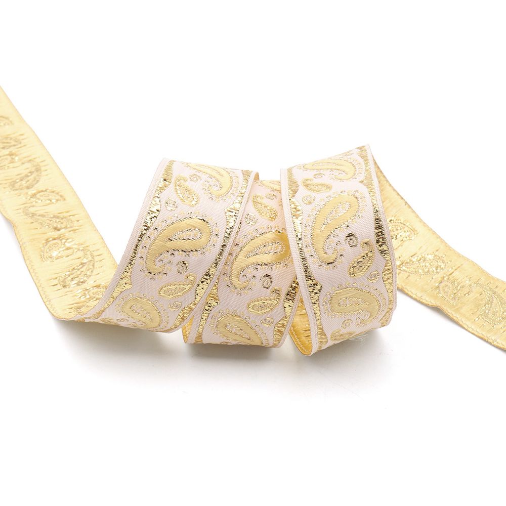 Лента (тесьма) жаккардовая 22.0 мм / 10±0.5 метров, Пейсли, 22807 белый/золото