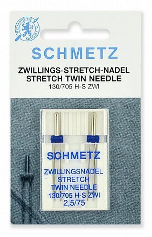 Иглы для швейных машин стрейч двойные Schmetz 130/705H-S ZWI № 75/2.5, 2 Иглы для швейных машин