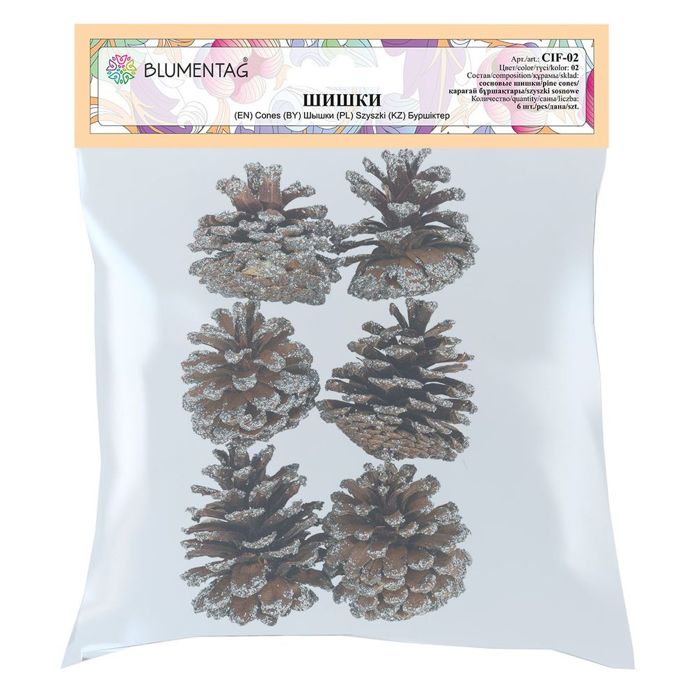 Шишки сосновые, 6 шт, 02 Сосна/ под серебро, Blumentag CIF-02, УЦЕНКА