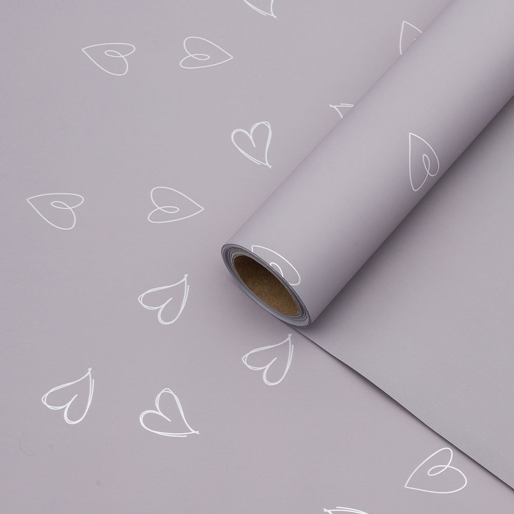 Пленка упаковочная для цветов и подарков Большие сердечки, 65 мкр, 58см / 10м ± 5% (VH2556 пурпурно-серый с сердечками)