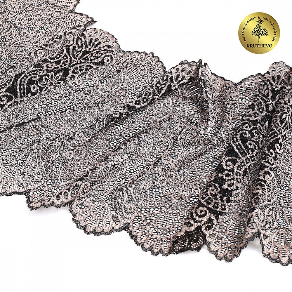 Кружево бельевое эластичное 225 мм / 3 м, TBY.40992, цв.L168 серебристый пион+черный, Kruzhevo