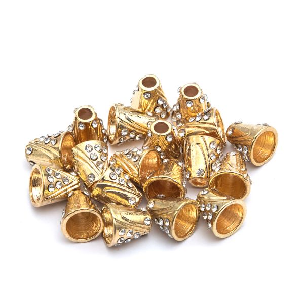 Наконечник для шнура металл колокол со стразами ⌀3,5/8 мм, 11х11 мм (золото), 20 шт