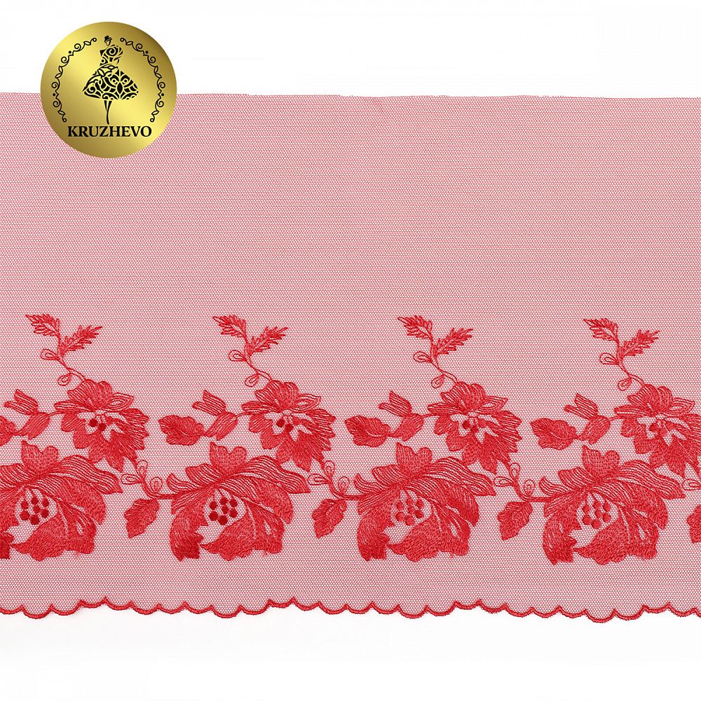Кружево на сетке широкое 225 мм, OG44, цв.красный, левая уп.6м, Kruzhevo