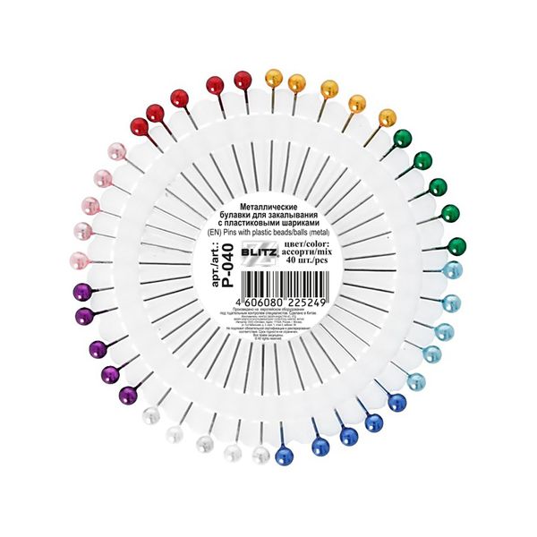 Булавки наметочные ромашка 33 мм, сталь, 12х40 шт, в пластиковой упаковке, ассорти, Blitz P-040