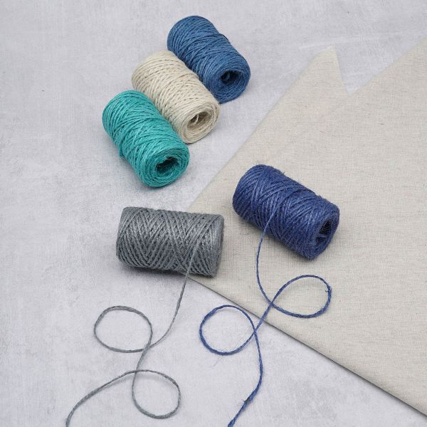 Шпагат джутовый ⌀1.4 мм / 50 метров (50 г), 2-ниточный, 1200 текс, евробобина, 5 шт, ассорти 1 (бирюзовый, синий, голубой, серый, белый)