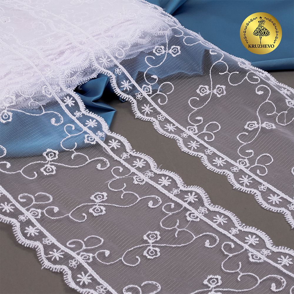 Кружево на сетке широкое 120 мм, цв.01 белый, уп.13.7м, Kruzhevo