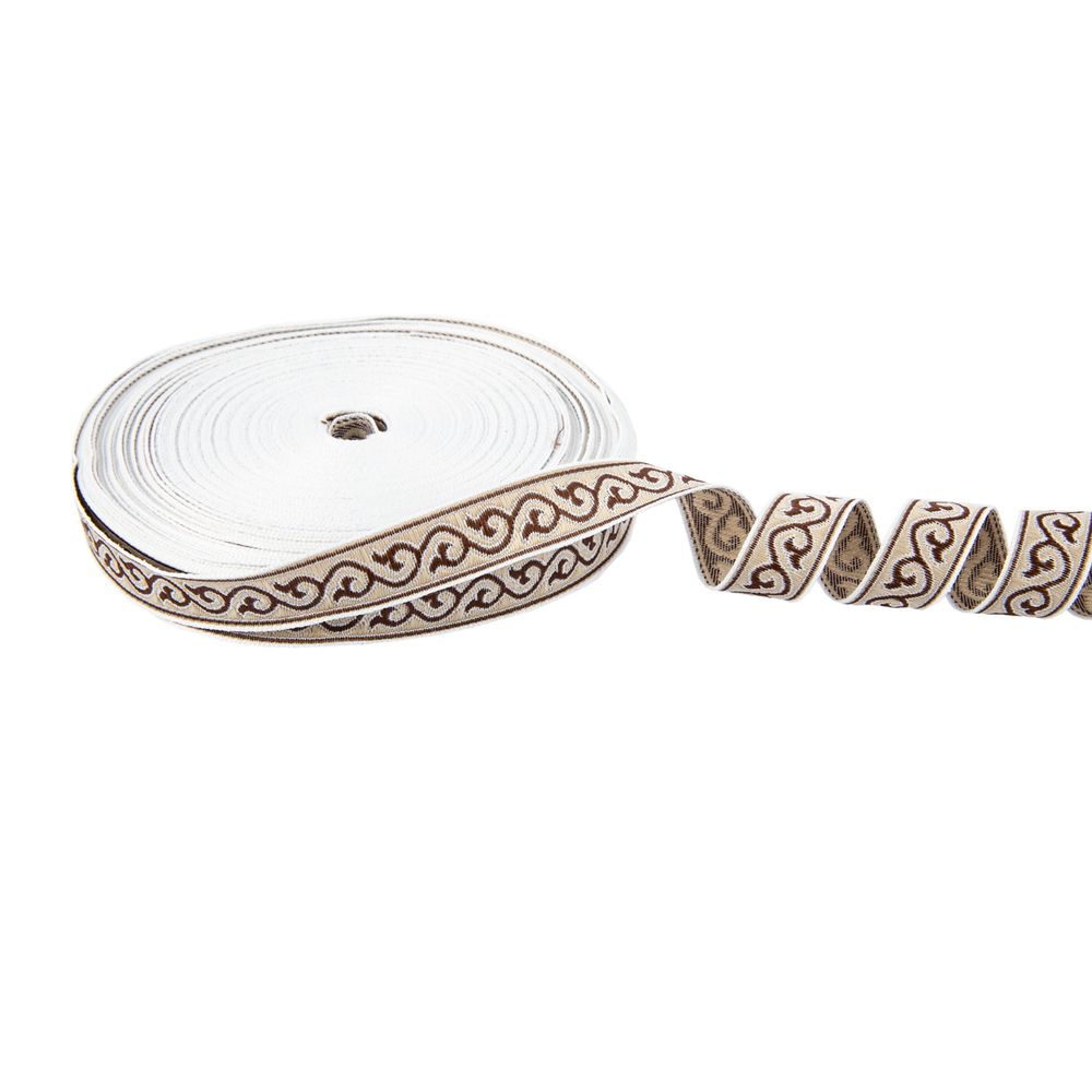 Лента (тесьма) жаккардовая 18.0 мм / 25 метров, Орнамент для северных народов, рис 9594 белый/бежевый/ коричневый, Gamma С3771