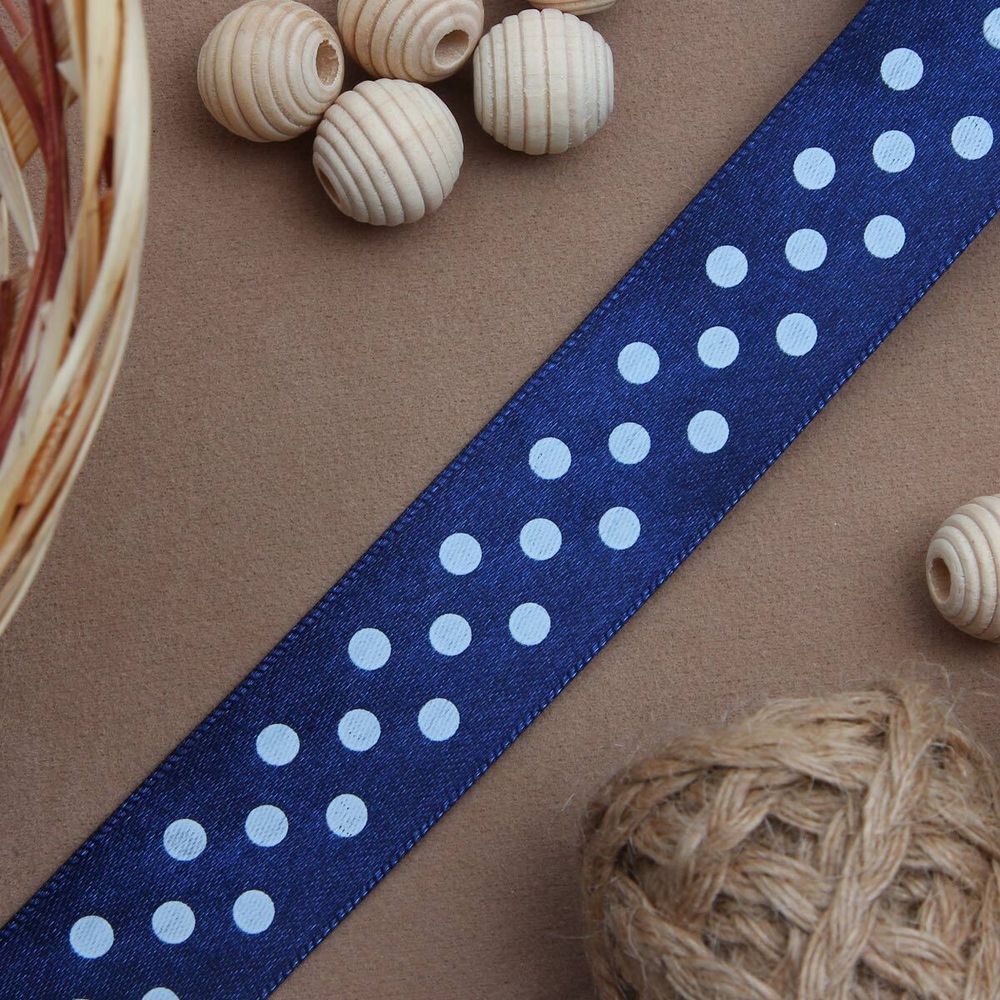 Лента атласная в горошек 25.0 мм / 3 метра, т.синий, Globus