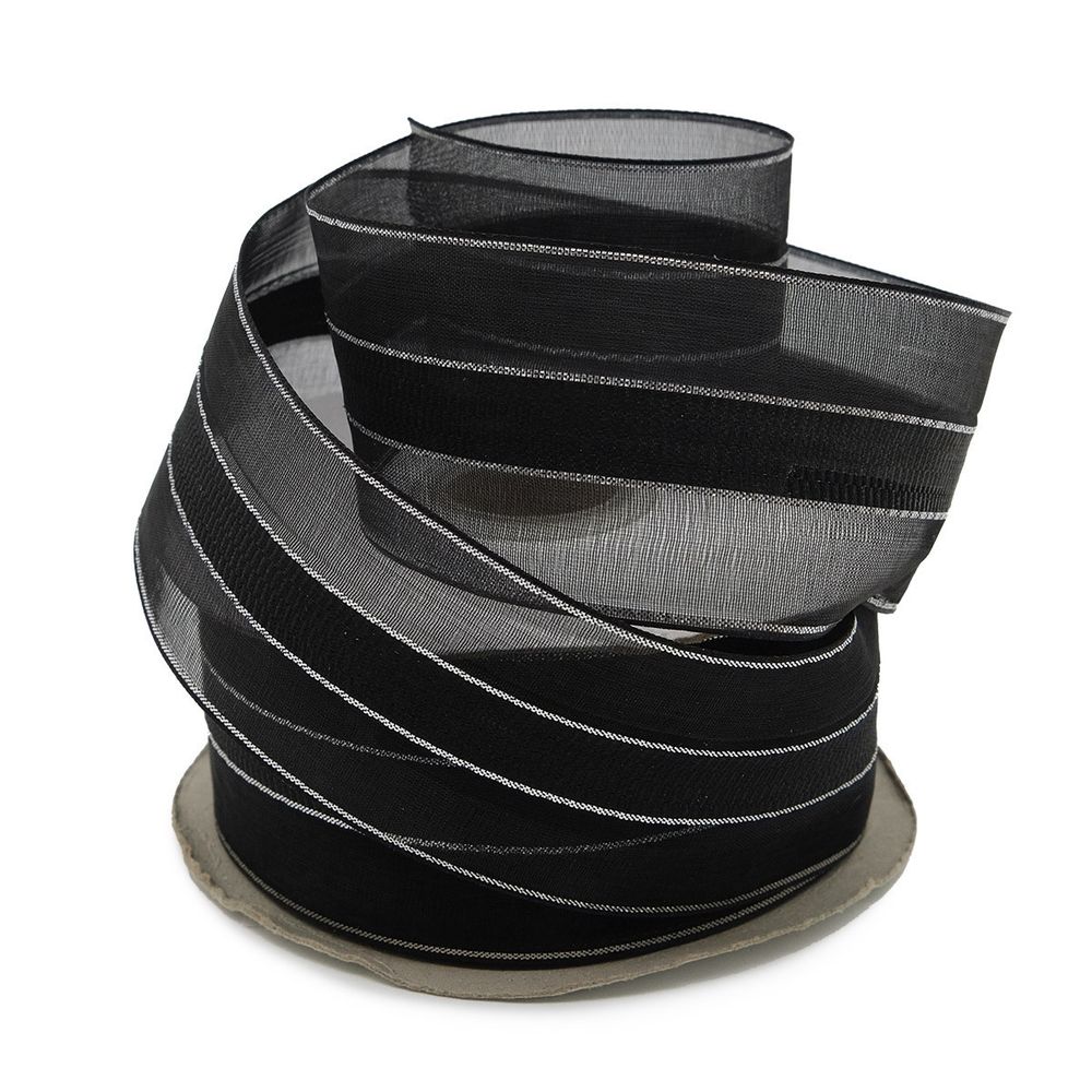 Лента капроновая (органза) с люрексом, 44 мм, 27 м (черный/сер.)