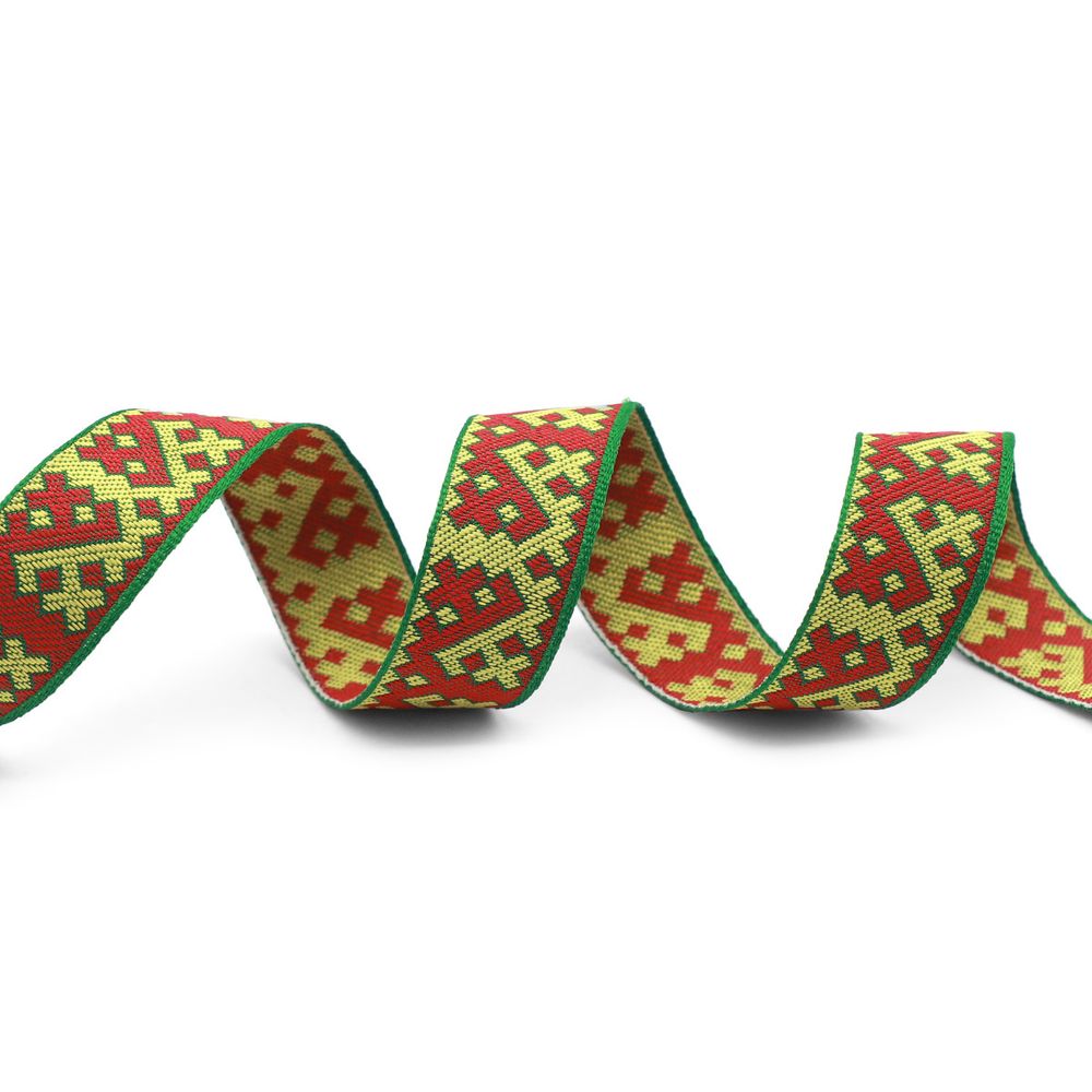 Лента (тесьма) жаккардовая 24.0 мм / 25±1 метров, Орнаменты и узоры народов севера, рис. 9685 (5 зеленый/желтый/красный) С3772Г17