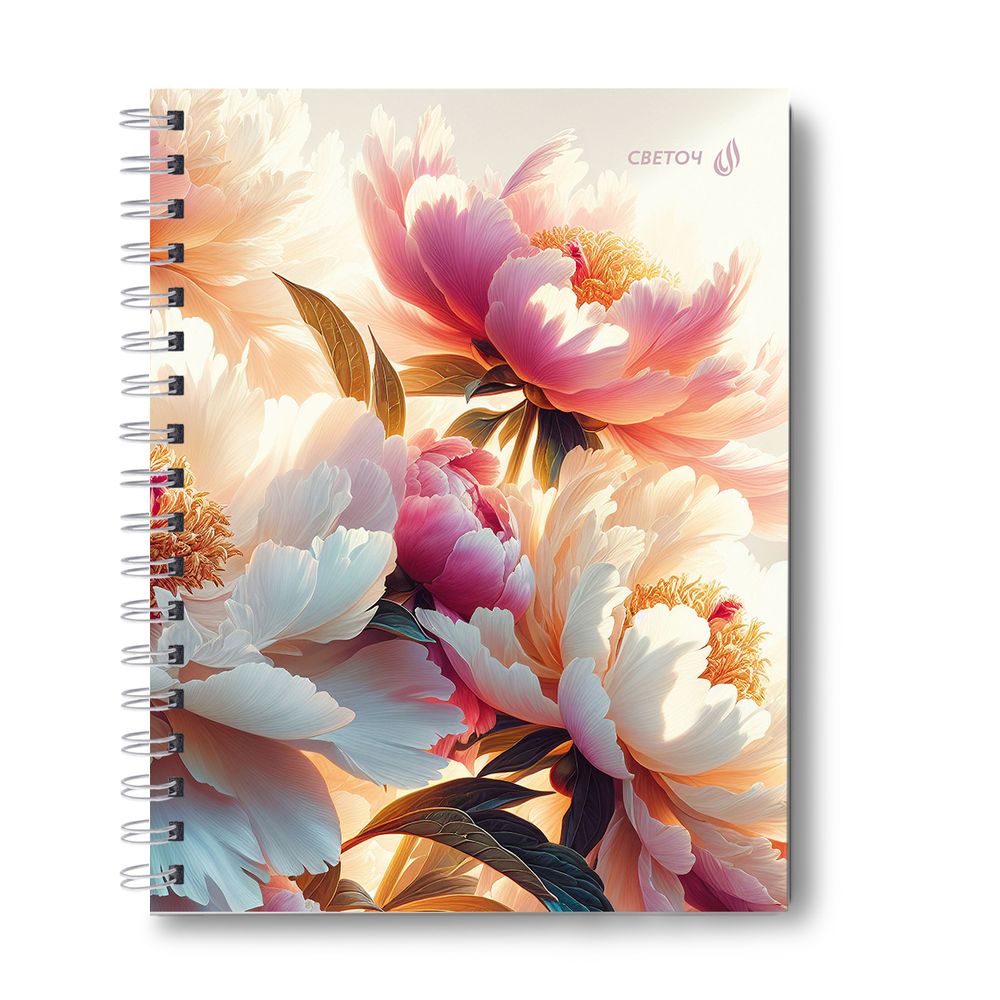 Тетрадь общая с твердой обложкой, глянцевая ламинация A5 80 л. на гребне 65 г/м², белизна 100% 4 шт клетка, 01566 Цветение, Светоч Т215