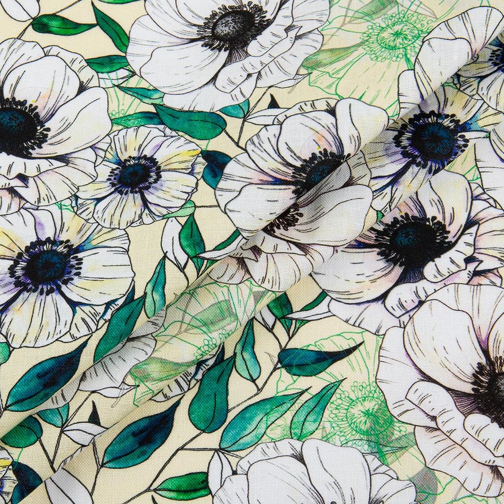 Ткань для пэчворка Peppy Цветущие анемоны 50х55 см, 140±5 г/м², ЦА-03 бл. желтый