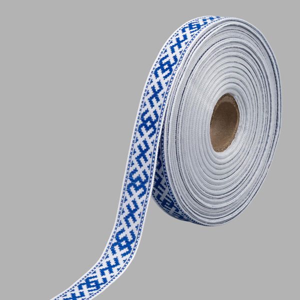 Лента (тесьма) жаккардовая 18.0 мм / 25 метров, Славянский орнамент Оберег, рис. 9711, белый / синий, С3771Г17