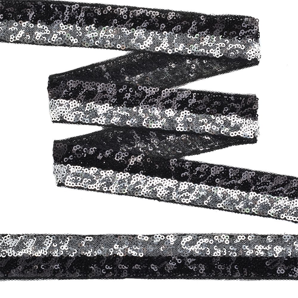 Тесьма с пайетками с двумя полосками на сетке 30 мм, черный+серебро, уп.13.7м