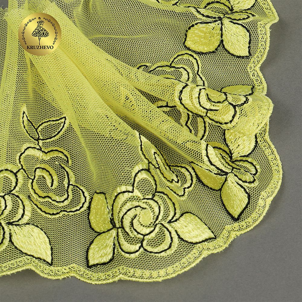 Кружево на сетке (вышитое) 135 мм, цв.желтый, правая, 6м, Kruzhevo