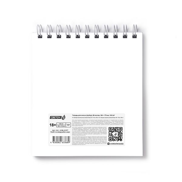 Артбук (скетчбук) 100 г/м², 166х175 мм, на гребне 80 л., 2 шт, блок белый, запечат.пластик.обл. 500мкр, жест.подложка, Полёт на воздушном шаре 01377, Светоч А166