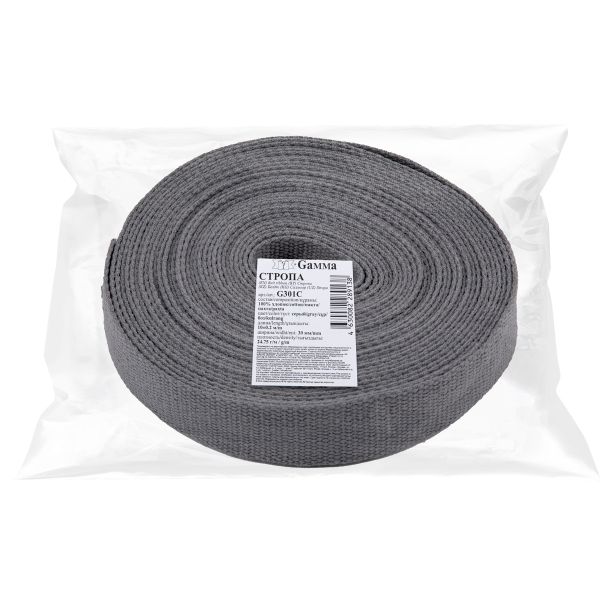 Стропа (ременная лента) 30 мм / 10 метров, толщ. 1.92 мм, [24.75 г/пог.м], 100% х/б, серый, Gamma G301C