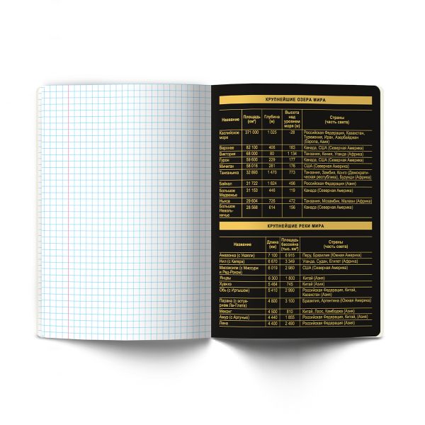 Тетрадь со справочным материалом Золотая коллекция, тиснение золотой фольгой, A5+ 48 л. на скобе 65 г/м², белизна 100 %, 10 шт, клетка, 01325 Золотая коллекция География, Светоч Т145