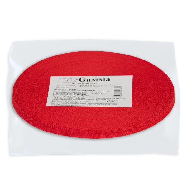 Тесьма (лента) киперная (100% х/б) 10 мм / 50 метров, красный/red, Gamma TCT-10