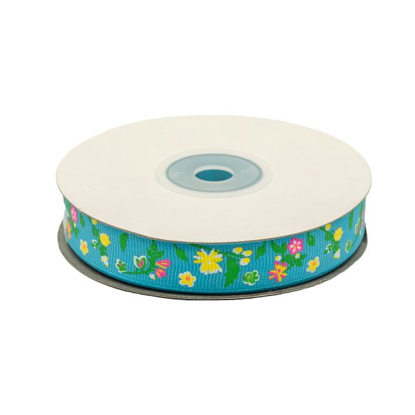 Лента репсовая (в рубчик) Цветочки маленькие 1,5см*22.86 м (голубой)