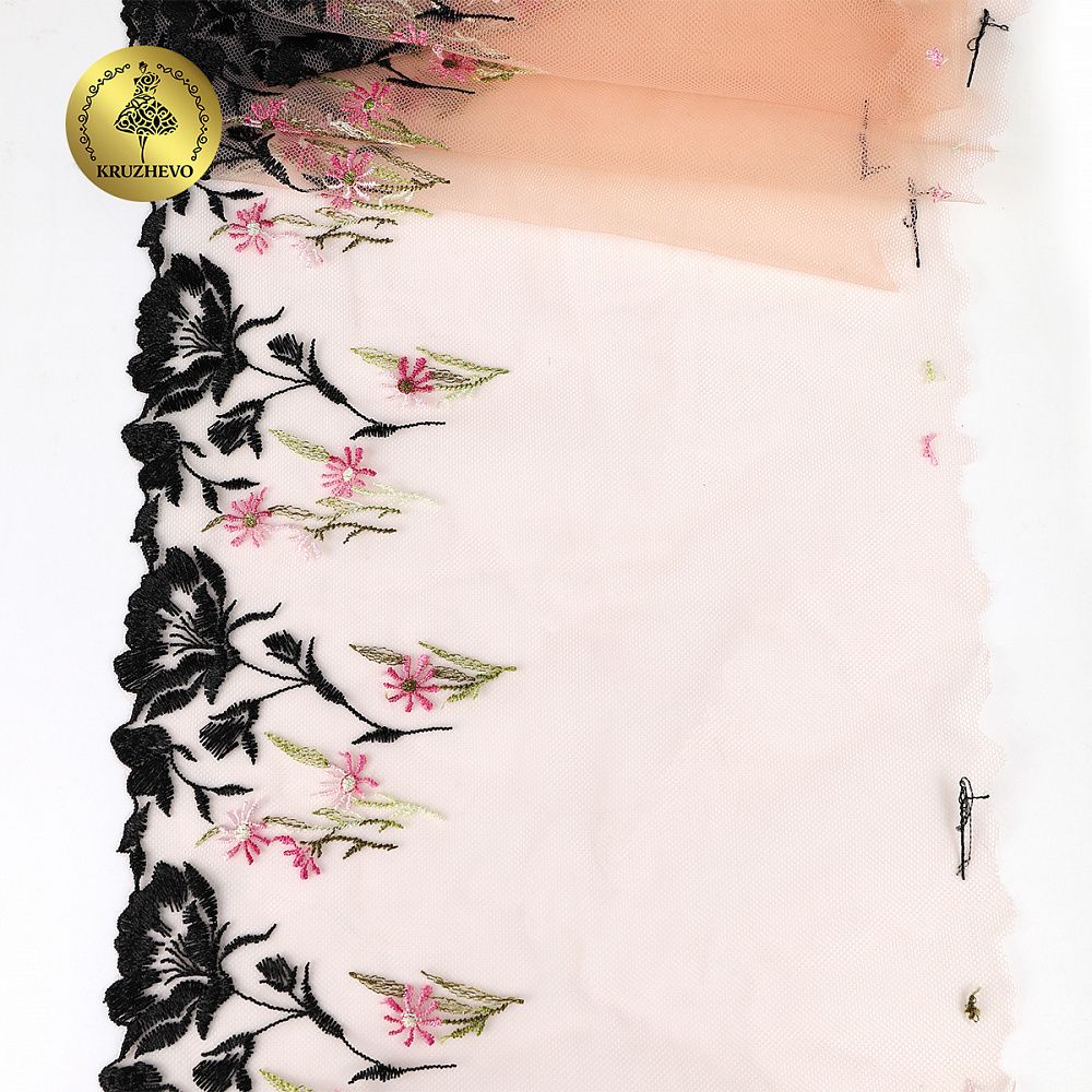 Кружево на сетке (вышитое) 210мм цв.мульти, левая, 6,85м, Kruzhevo