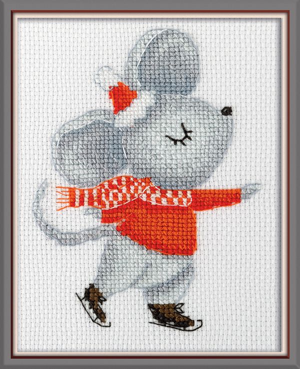 Набор для вышивания нитками Klart 8-558, Мышка на катке, 11х14 см