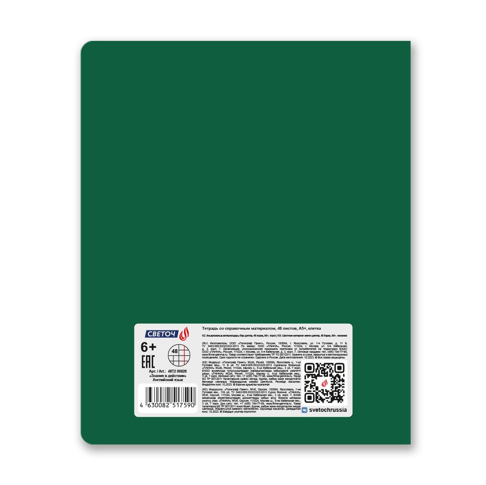 Тетрадь со справочным материалом Знания в действии, A5+ 48 л. на скобе 60 г/м², белизна 90%, 10 шт, клетка, 00828 Английский язык, Светоч 48Т2