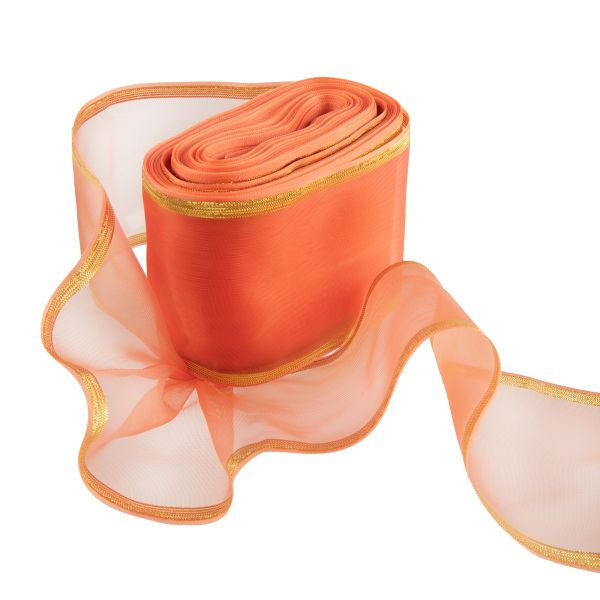 Лента капроновая для бантов 75 мм, / 25 метров, с метал. кромкой, коралловый/ под золото, Gamma С 3502 с метал. кромкой