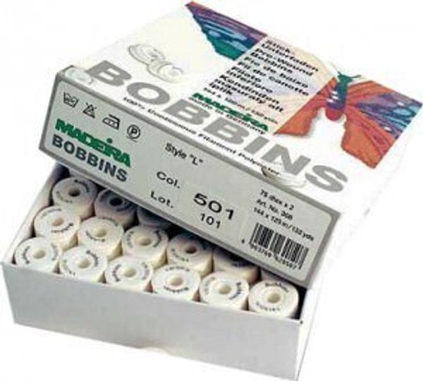 Нитки нижние в шпулях Madeira Bobbins №150, 120м белая, 308 W, 144 катушки