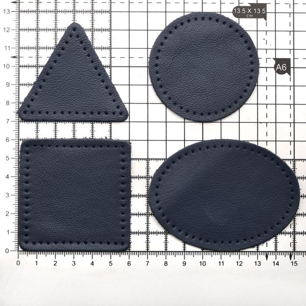 Набор заплаток пришивных из кожи, круг, квадрат, треугольник, овал 6см, с перфорацией, 4 шт (05 темно-синий), 9723
