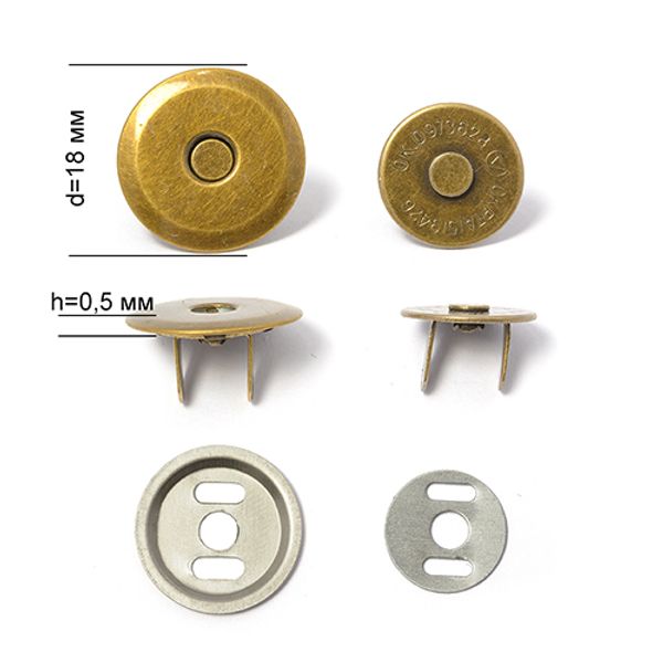 Кнопка магнитная металл на усиках ⌀18.0 мм, h0.5 мм, ТВ.6613 цв.антик уп. 50 шт, TBY