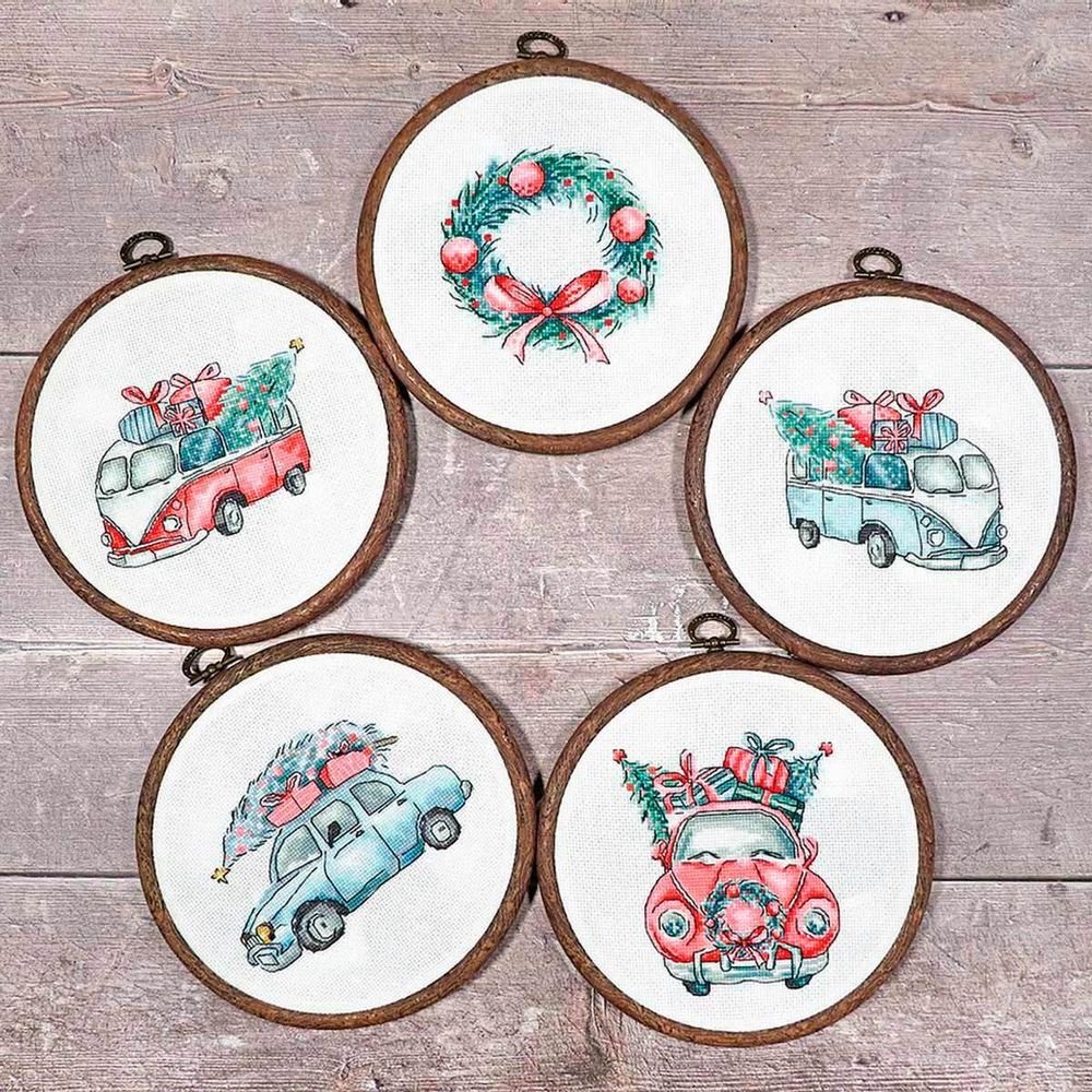Набор для вышивания нитками LetiStitch, Набор для вышивания пяти сюжетов LetiStitch Рождественские ретро автомобили