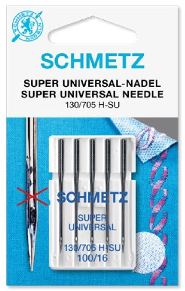 Иглы для швейных машин базовые универсальные 130/705 H-SU, №100, с покрытием антиклей, (3 упак по 5 игл), 22:85.8 VES, SCHMETZ