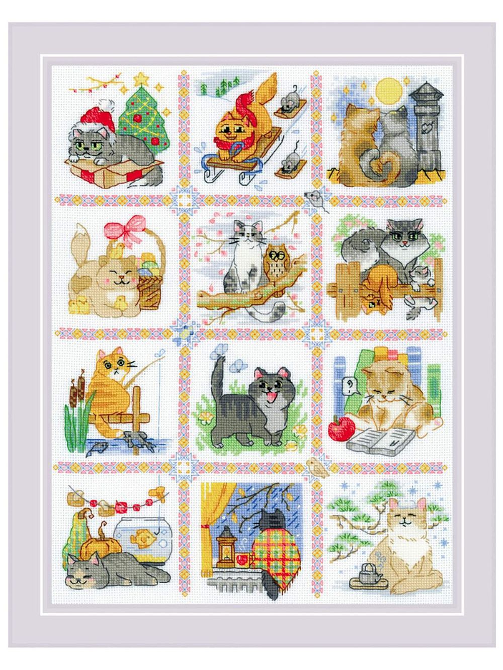 Набор для вышивания нитками Риолис, Кошачий календарь 30х40 см
