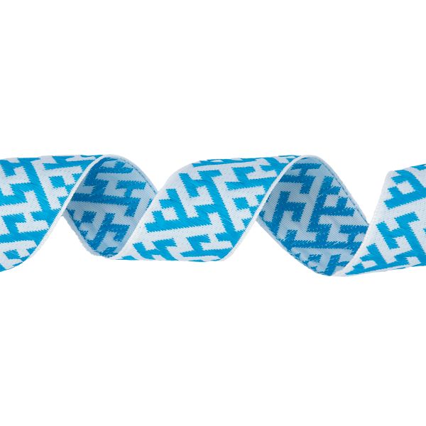 Лента (тесьма) жаккардовая 32.0 мм / 25 метров, Орнамент для северных народов, рис 9302 белый-бирюзовый, Gamma С3774