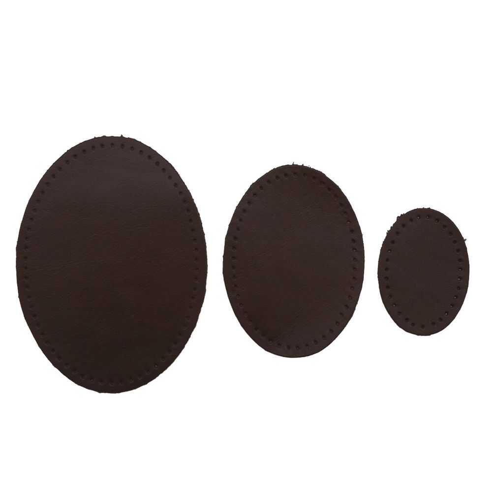 Набор заплаток пришивных из кожи, овал 4х5,5см, 6х8,2см, 8х10,9см, с перфорацией, 3 шт (03 темно-коричневый), 9404