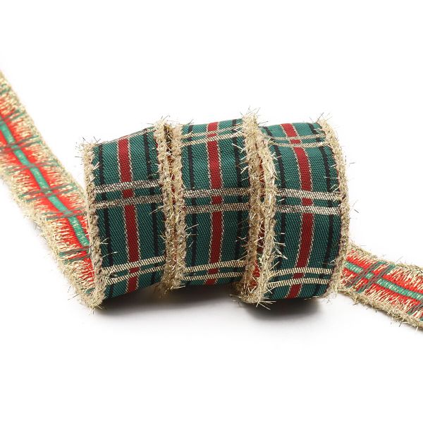 Лента (тесьма) жаккардовая 25.0 мм / 10±0.5 метров, Тартан с люрексом, 25136 SKL золото