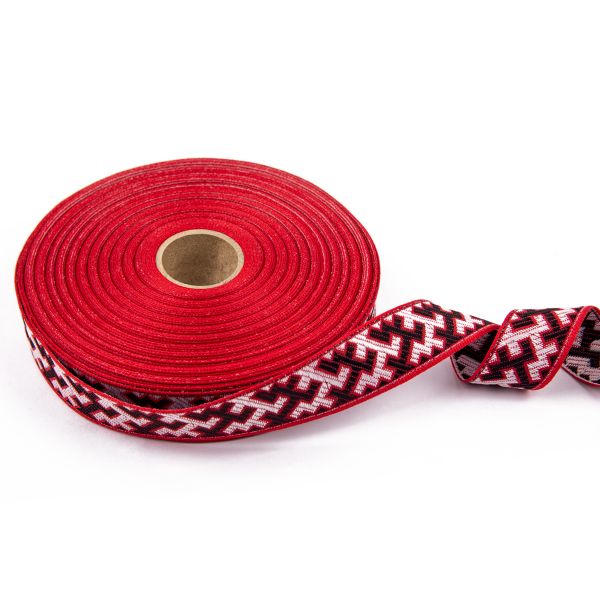 Лента (тесьма) жаккардовая 24.0 мм / 25±1 метров, рис.9615, Орнаменты и узоры народов севера, красный-белый-черный, Gamma С3772Г17 рис.9615
