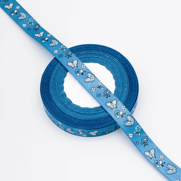Лента декоративная с принтом Бабочки 20.0 мм / 45.72 метра, синий, 4001