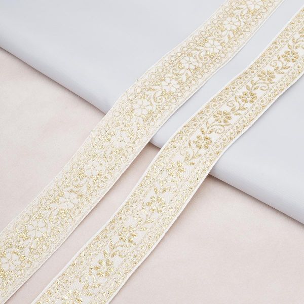 Лента (тесьма) жаккардовая 32.0 мм / 25±1 метров, с метанитом рис. 9842, белый/золото, С3104Г17