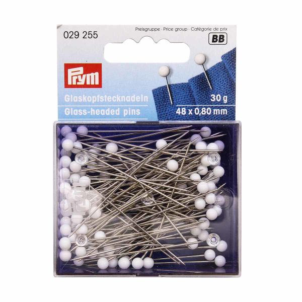 Булавки со стеклянной головкой, закаленная сталь, 2/0 серебристый цв, белый 0,80х48мм, Prym