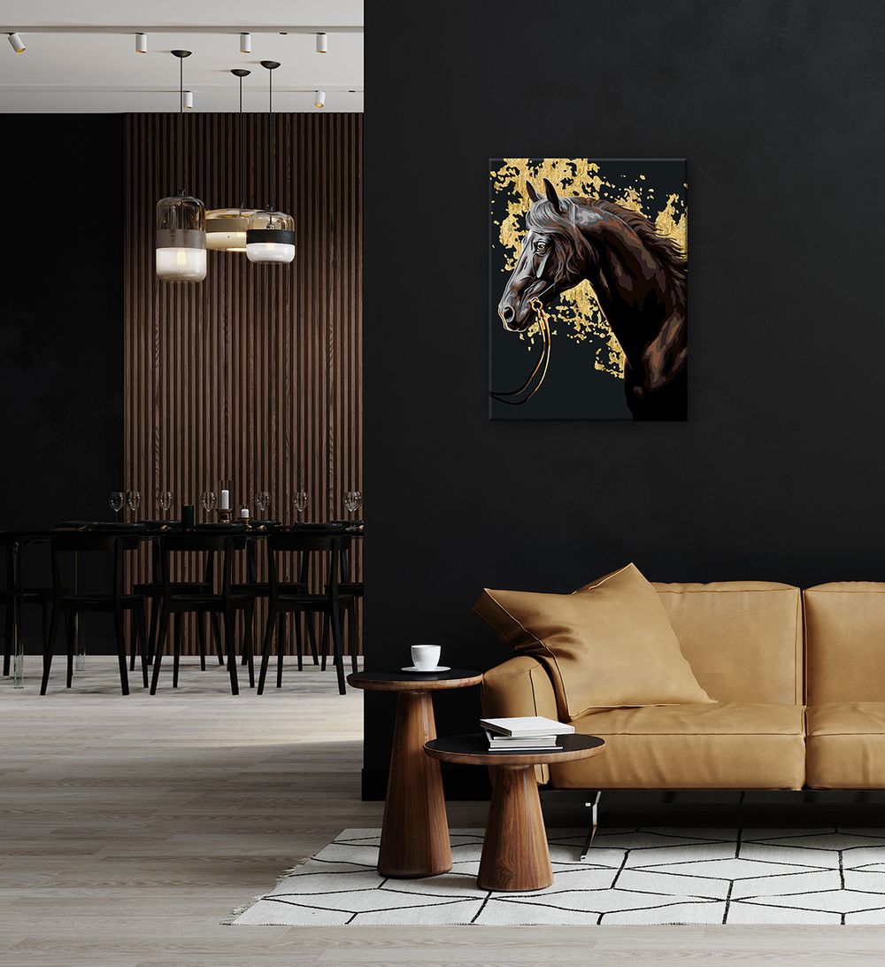 Картина по номерам Фрея PNB/PMPT-275, Вороной скакун, (эффект черного холста с поталью) 40х30 см