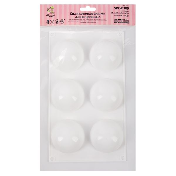Форма силиконовая для пирожных 29.6х17.3х3.5 см, полусферы -6 ячеек, S-Chief SPC-0309