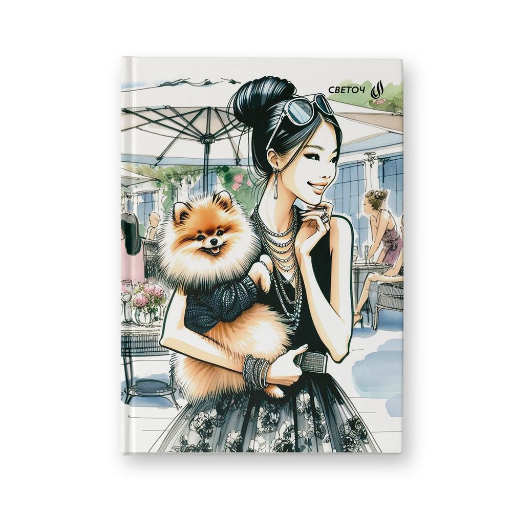 Бизнес-блокнот, мат.ламин.+выбор.лак, блок кремовый, ББ246 евроформат (14.4х20.3х1.6 см) 64 л. 4 шт французская клетка, Дама с собачкой 01672, Светоч