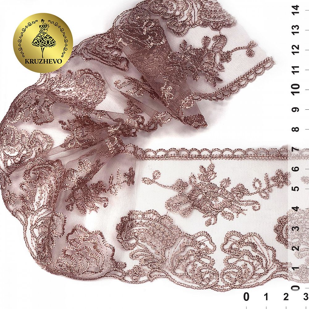 Кружево на сетке 70 мм, диз. 211, цв.6615 розовая пудра уп. 13.71 м, Kruzhevo
