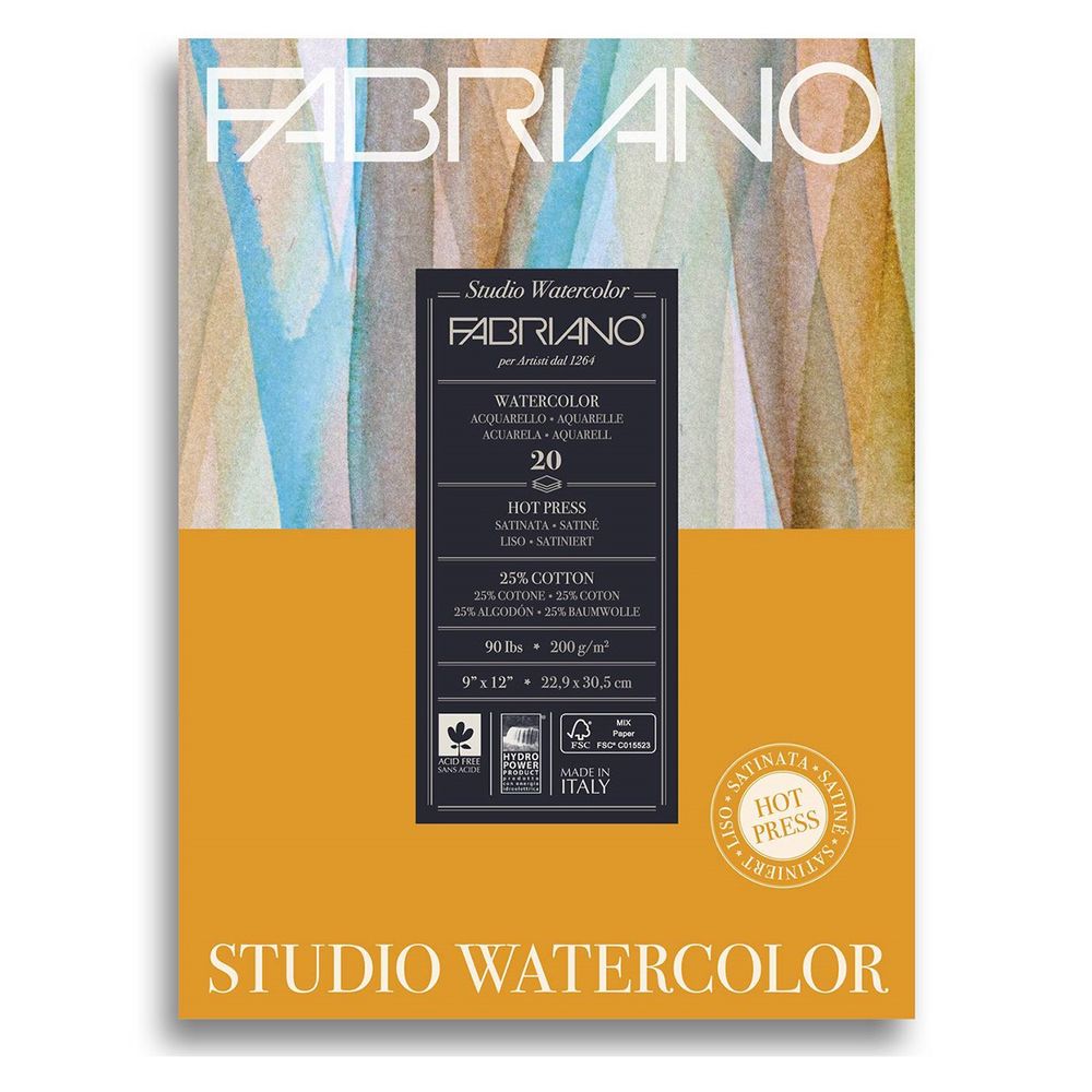 Альбом для акварели Watercolour Studio 25% хлопок, 75% целлюлоза 200 г/м², A4+ 30.5х22.9 см, склейка с одной стороны 20 л, мелкозернистая, Fabriano, 19202002